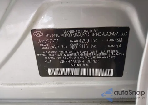 2011 Hyundai Sonata Gls из США, поврежденный, VIN 5NPEB4AC1BH229292